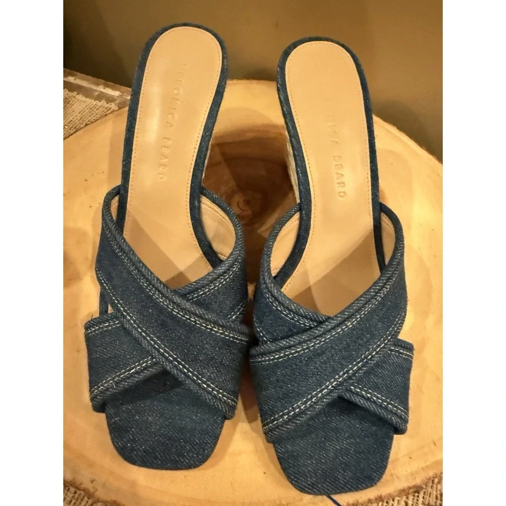 Veronica Beard Edna‎ Denim Wedge Espadrille Open Toe Sandals Size 7.5 New 395$